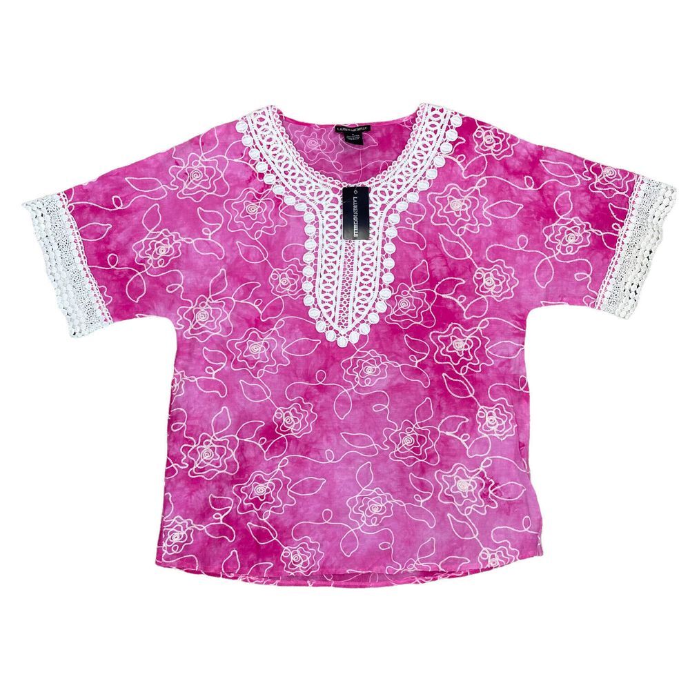 Lauren Michelle Blouse Women's S Pink Tie Dye Lace Embroidered Floral Shirt Top